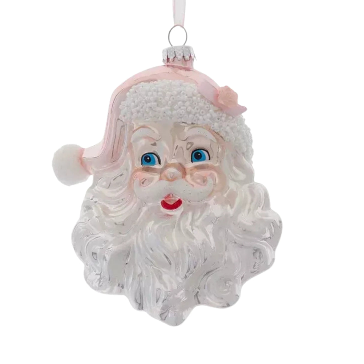 Kurt Adler 5.9" Glass Pink and Silver Santa Head Ornament