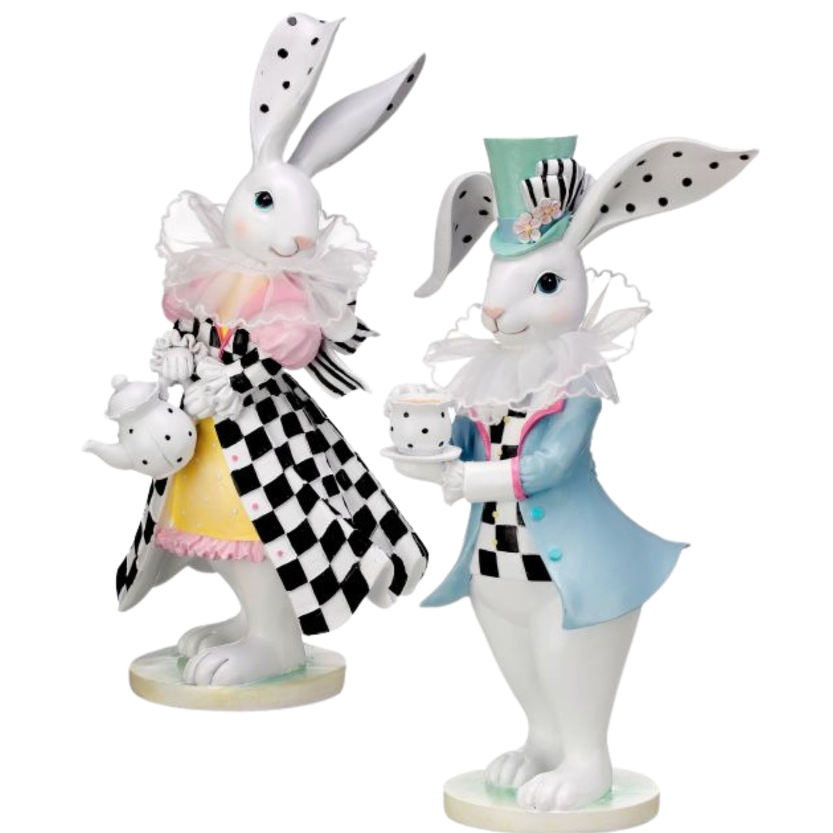 PRE-ORDER-Regency 12" Resin & Fabric Brunch Bunny w/ Black Polka Dots Checkered MT25739