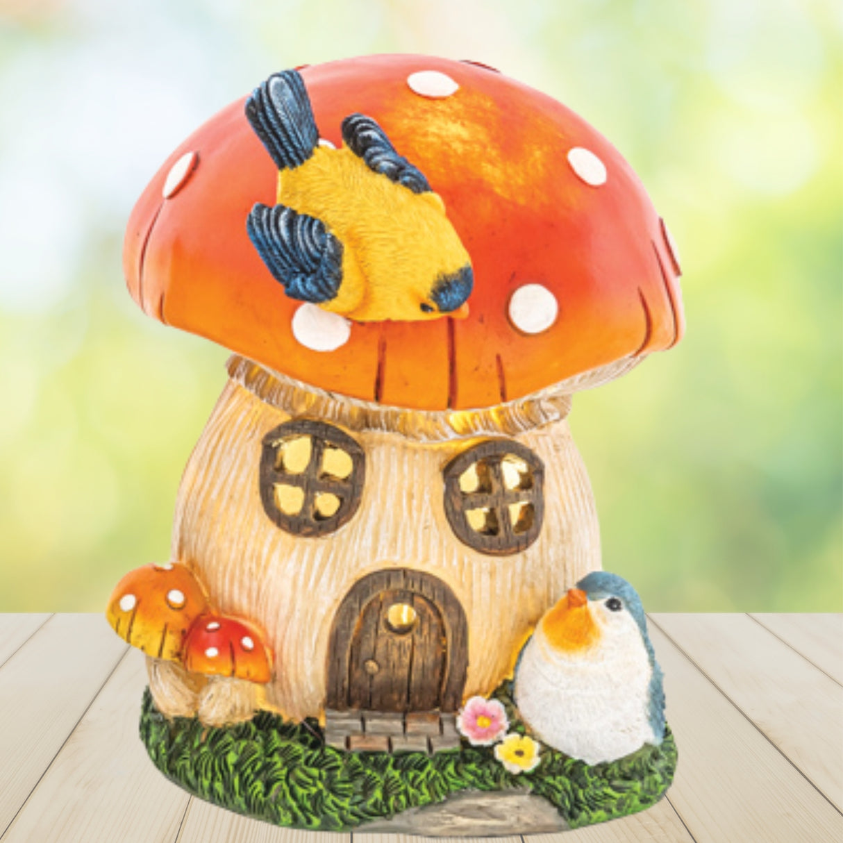 PRE-ORDER-Hanna's Handiworks 7.5" Feathered Friends Mushroom Lighted House 65493