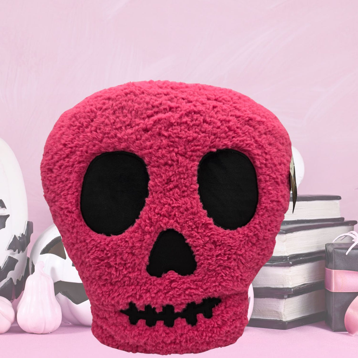 Skull Shaped Bright Pink Sherpa Throw Pillow