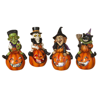Pre-Order Gerson 5.7" Lighted Skull Black Cat Witch Frakenstein Sitting on Pumpkin 2533160
