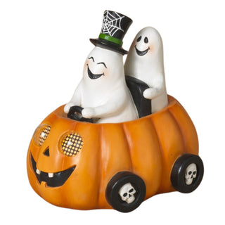 Pre-Order Gerson 8.3" Lighted Resin Halloween Ghost on Pumpkin Car w/ Moving Eyes 2738050