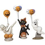 Pre-Order Gerson  17.5" Halloween Folk Art  Black Cat Ghost Skeleton Holding Balloons 2802900