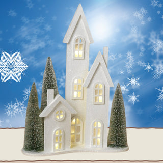 Pre-Order Gerson 20.75" Lighted Wood Holiday Church House with Trees 2743110