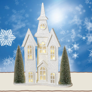 Pre-Order Gerson 20.75" Lighted Wood Holiday Church House with Trees 2743110