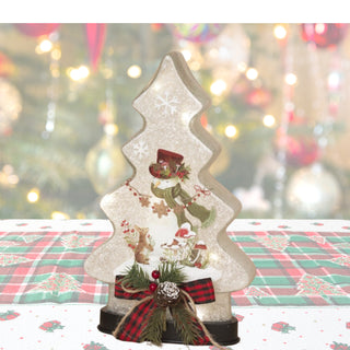 PRE-ORDER Gerson 12.6" Lighted Frosted Glass Snowman Tree w/ Floral & Timer 2790410