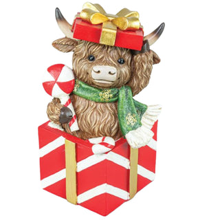 Pre-Order 8" Highland Cow Gift Box Tabletop Red or Green Present 15508
