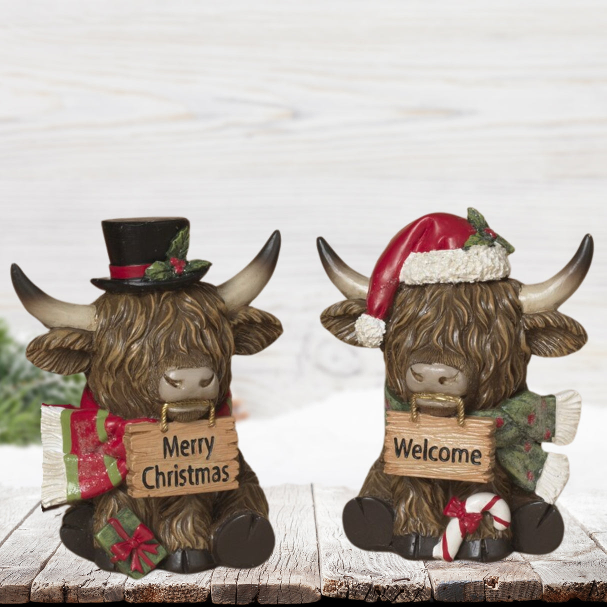 Pre-Order 5.5"H Resin Christmas Highland Cow Santa Top Hat w/ Signs 2795020