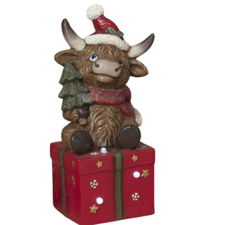 Pre-Order 20.8" Resin Christmas Highland Cow Ornament Present w/ Timer 2794820