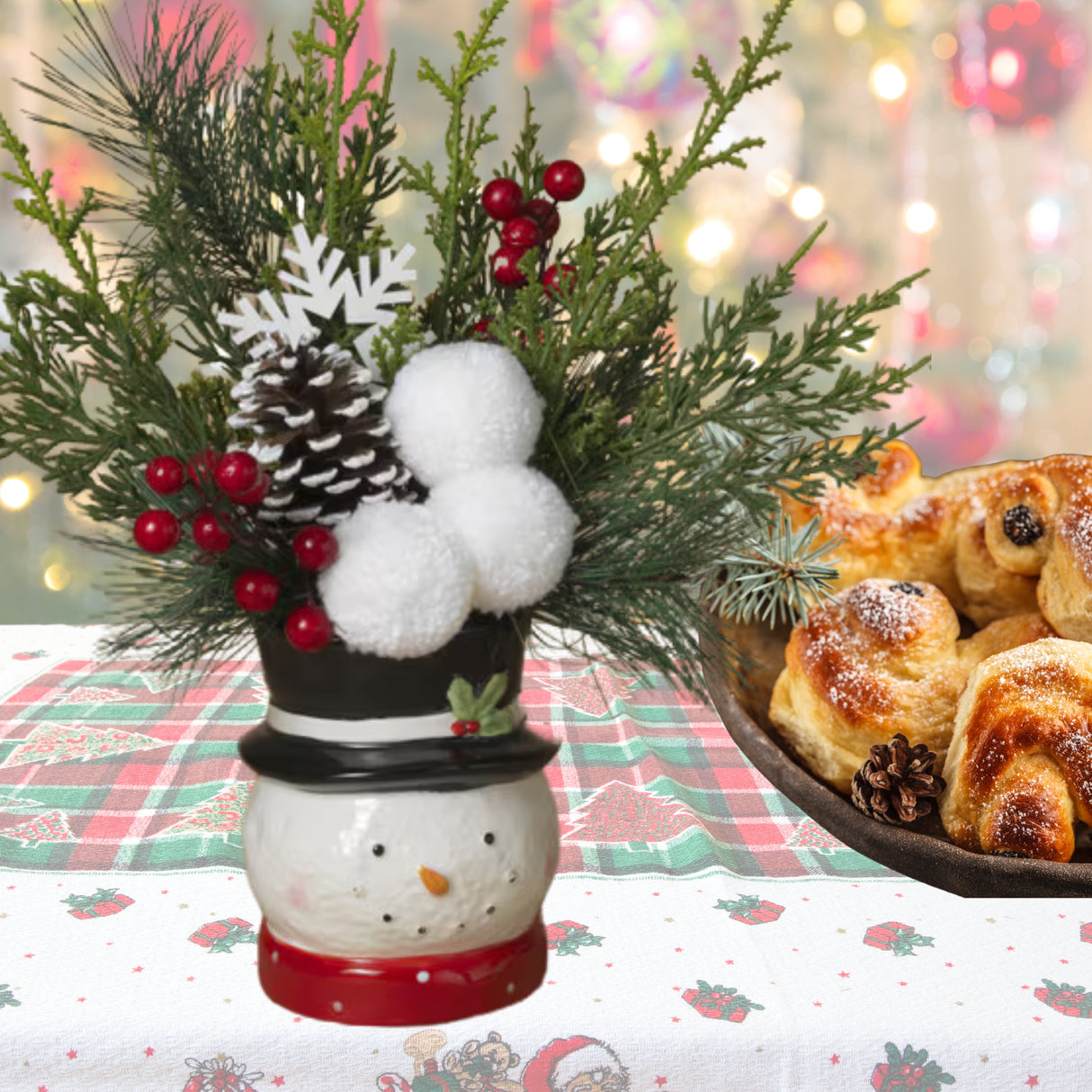 Pre-Order Gerson 13" Holiday Pine & Berry Arrangement in Ceramic Snowman & Santa Pot Set 2742210