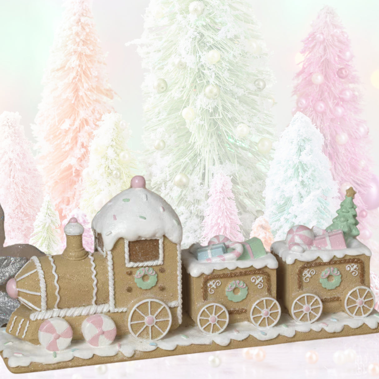 PRE-ORDER Gerson 11.61"L Resin Holiday Pastel Gingerbread Train 2799310