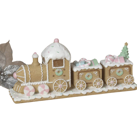 PRE-ORDER Gerson 11.61"L Resin Holiday Pastel Gingerbread Train 2799310