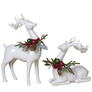 PRE-ORDER Gerson 11.8"L Lying & 17.9"H Standing Resin Holiday Deer w/ Floral Wreaths 2795500