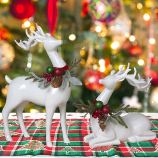 PRE-ORDER Gerson 11.8"L Lying & 17.9"H Standing Resin Holiday Deer w/ Floral Wreaths 2795500