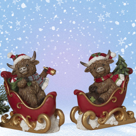 Pre-Order 5.9"H Resin Holiday Highland Cows in Sleigh Set  2795410