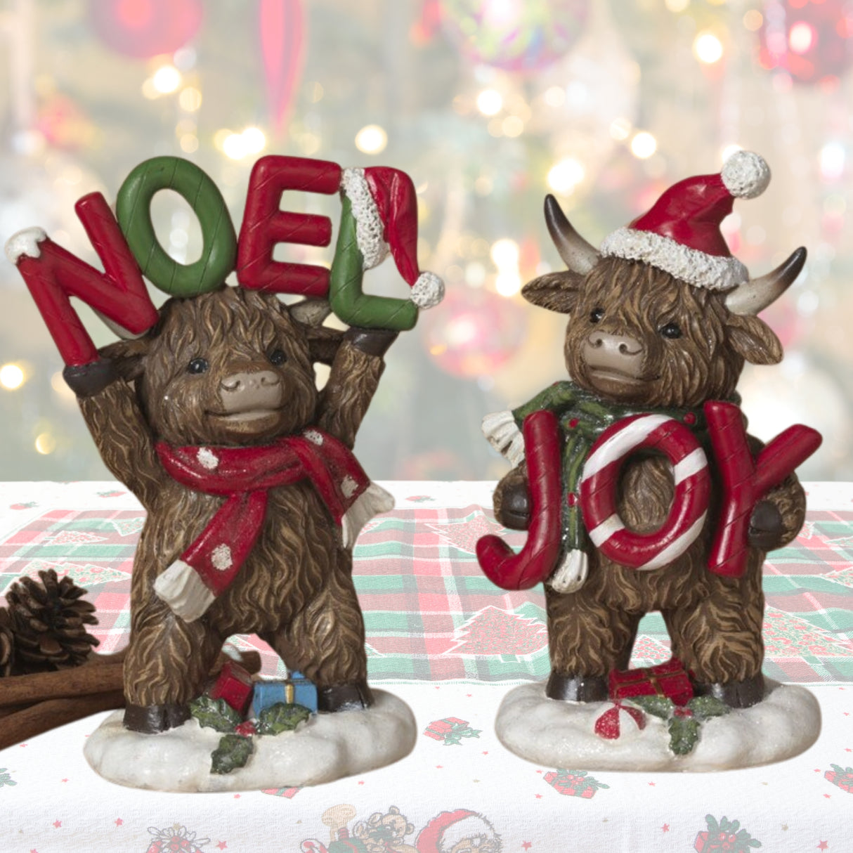 Pre-Order 7.4"H Resin Holiday Highland Cow Holding Sign Set Noel Joy 2795110