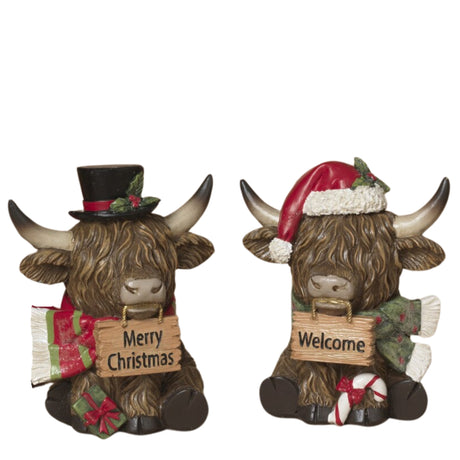 Pre-Order 5.5"H Resin Christmas Highland Cow Santa Top Hat w/ Signs 2795020