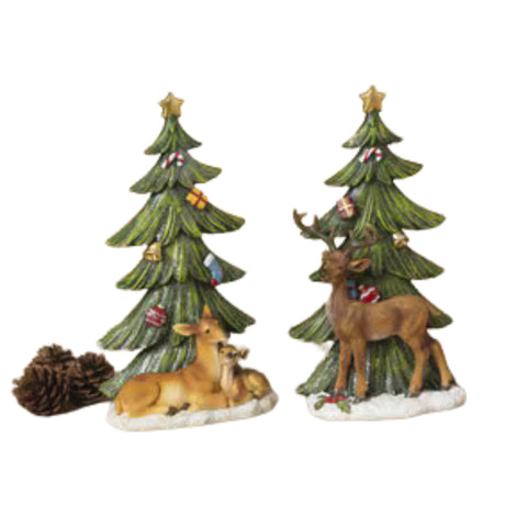 PRE-ORDER Gerson 9"H Resin Green Holiday Winter Tree with Deer 2685510