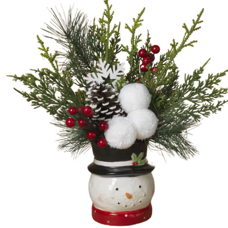 Pre-Order Gerson 13" Holiday Pine & Berry Arrangement in Ceramic Snowman & Santa Pot Set 2742210