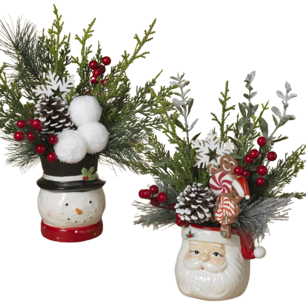 Pre-Order Gerson 13" Holiday Pine & Berry Arrangement in Ceramic Snowman & Santa Pot Set 2742210