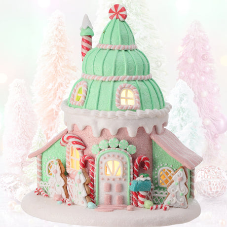 10" Pastel Gingerbread Cookie Candy Christmas Village House with Light Timer