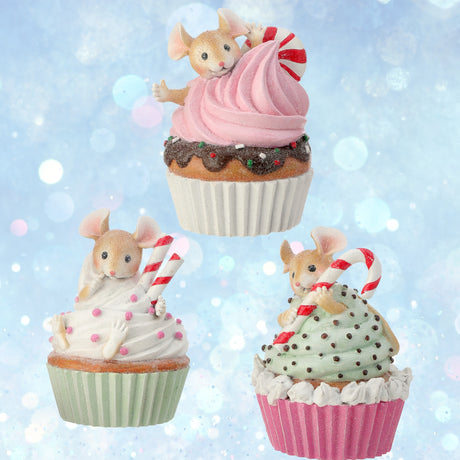 Regency 6" Mini Mice on Cupcake with Candy Christmas Figure Set of 3