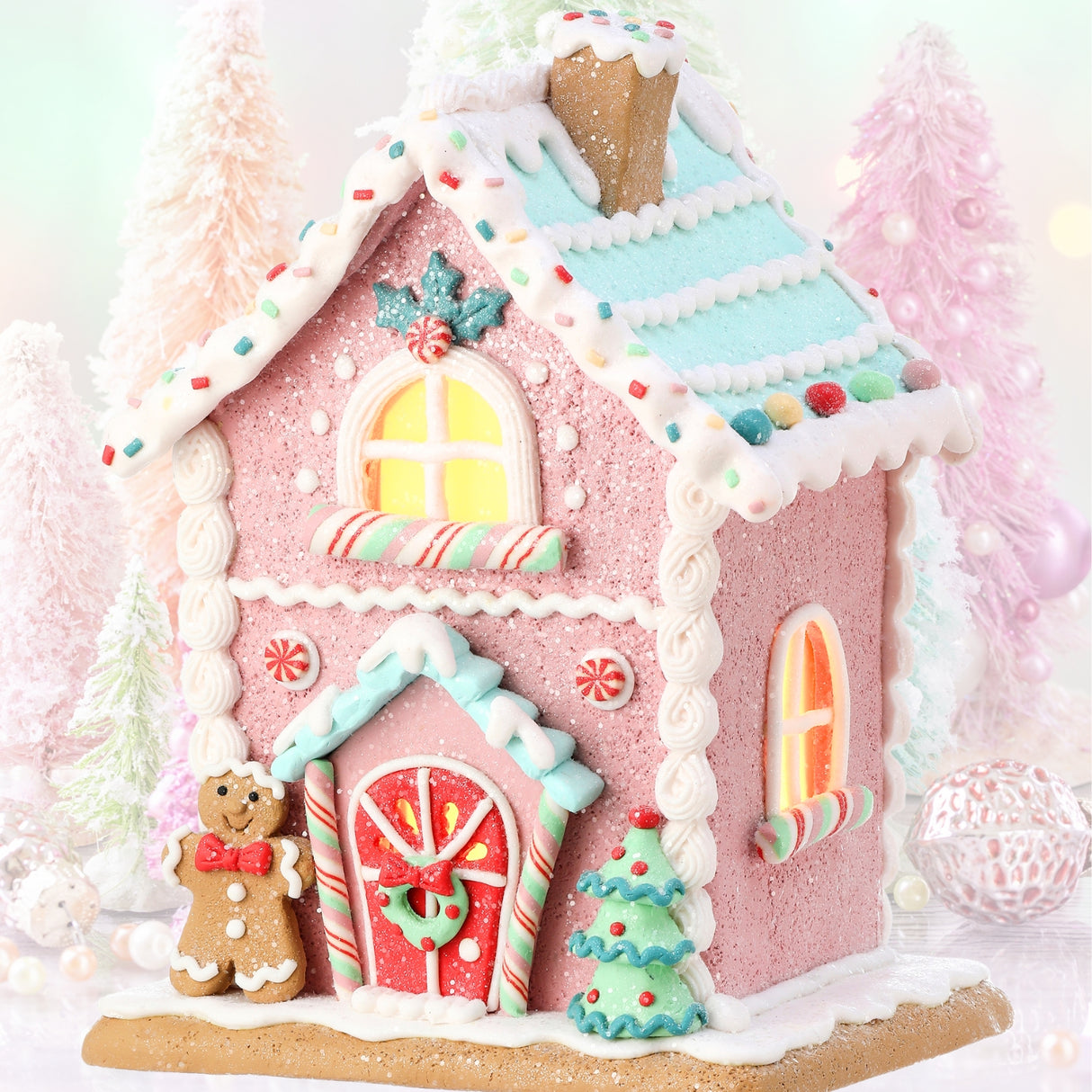 Regency 8.5"LED Battery Timer Pink Pastel Sweets Gingerbread House