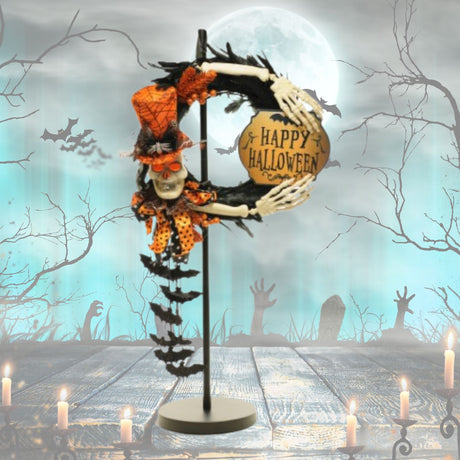 Karen Didion Lighted "Batty" Wreath Skeleton Stand Happy Halloween, 30"