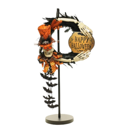 Karen Didion Lighted "Batty" Wreath Skeleton Stand Happy Halloween, 30"