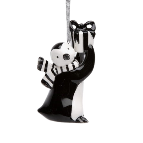 Christmas 2024 Whimsical Black White Penguin With Gift Ornament