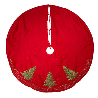 60" Red Dupion Embroidered Tree Skirt