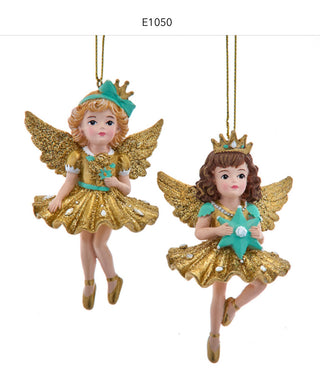Kurt Adler 4" Aqua & Gold Resin Little Angel Fairy Ornament Set E1050 Turquoise & Gold