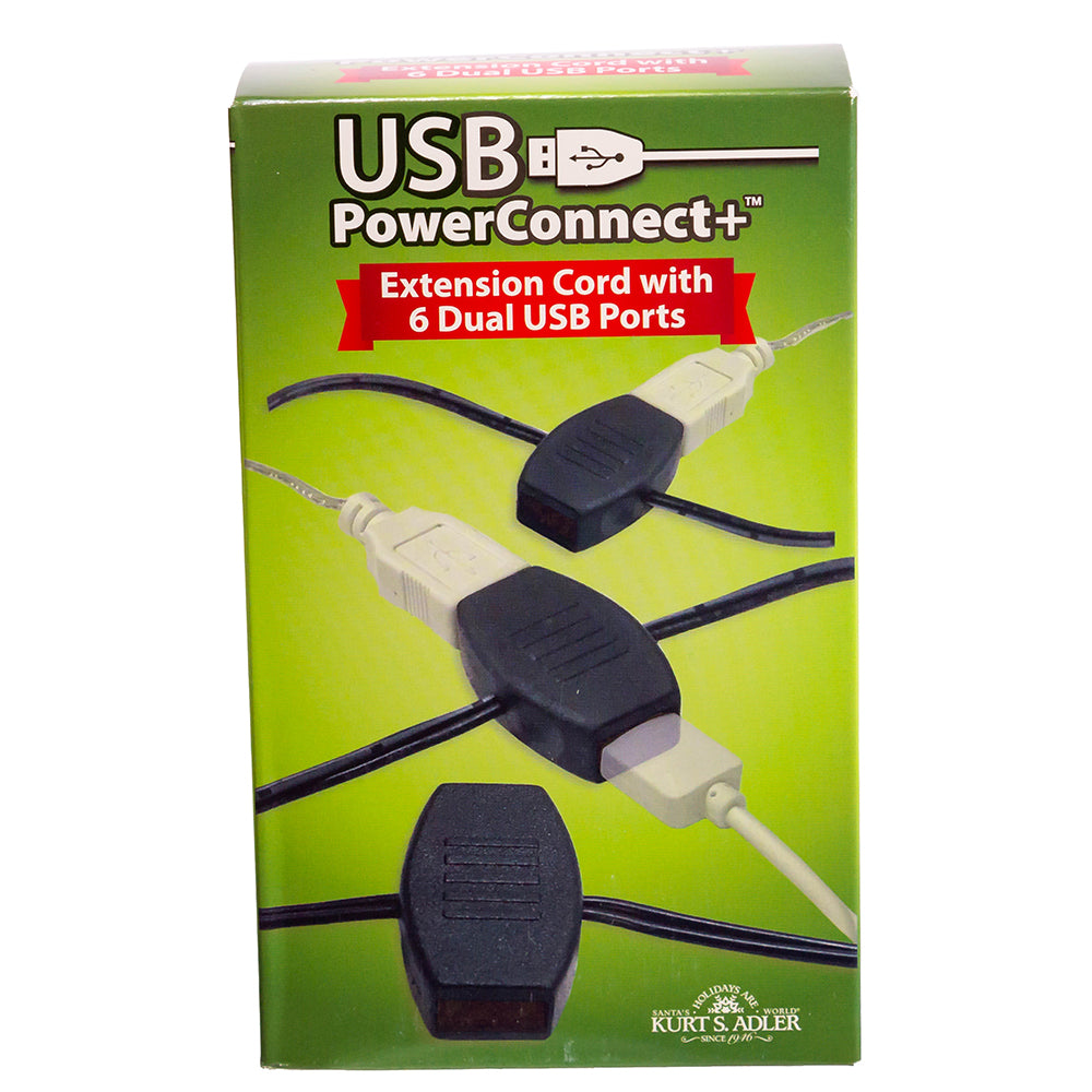 Kurt Adler 10' USB Power Extension Cord+ With Black Wire and 12 Ports