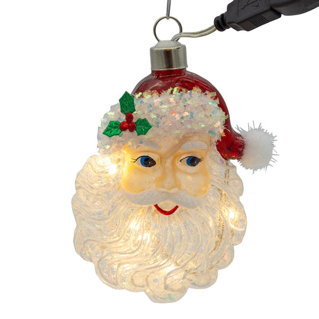 Glass USB Warm White LED Fairy Light Santa Head Ornament