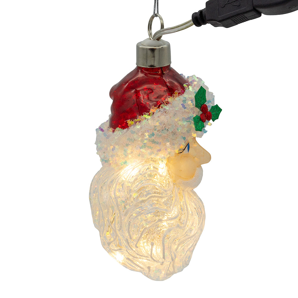 Glass USB Warm White LED Fairy Light Santa Head Ornament